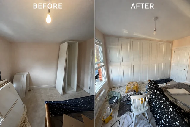 Before and after fitted wardrobe assembly showing unpacked panels and the completed wall-to-wall wardrobes