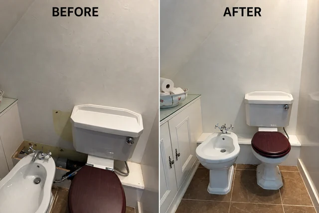 Before and after comparison of a bathroom repair with exposed pipework closed in and the toilet and bidet area neatly finished
